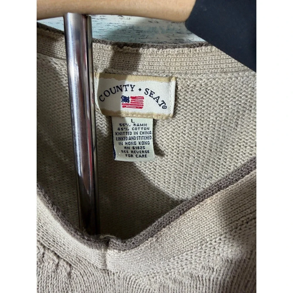 County Seat V-Neck Sweater Large Tan Navy Excellent Vintage Ramie‎ Cotton Knit